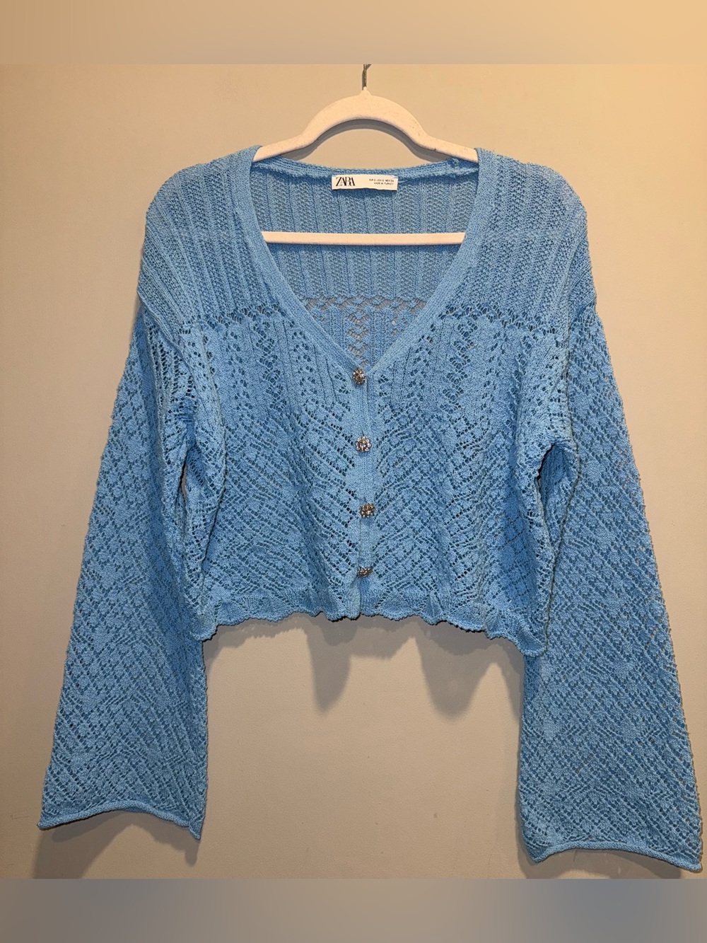 Zara Sky Blue Crochet V-Neck Button Cardigan
